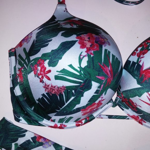 Victoria Secret Swim Bikini 38D Top XL Bottom Blue Green Leaves Bombshell Push U - Picture 7 of 10